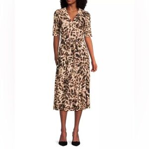 Halston Heritage Leopard-Print Midi Wrap Dress in Brown and Cream